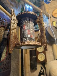 Three-Spired Tiki Pendant Lamp, Handmade Wood, Bamboo and Fabric