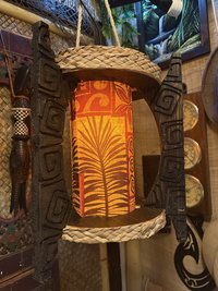 Three-Spired Tiki Pendant Lamp, Handmade Wood, Bamboo and Fabric