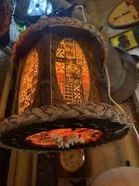 Hexagon Panel Tiki Pendant Lamp, Handmade Wood, Tapa-Style Fabric