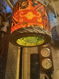 Mini Tiki Drum Pendant Lamp, Handmade Fabric Shade with Starfish