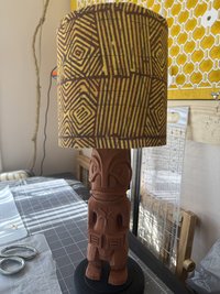 Cordless Tiki Bar Table Lamp, 3D Printed Faux Wood, Fabric Shade