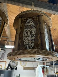 Turtle Bottom Tiki Pendant Lamp, Carved Wood with Tapa-Style Fabric