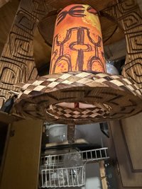 Three-Spired Tiki Pendant Lamp, Handmade Wood, Bamboo and Fabric