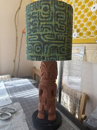 Cordless Tiki Bar Table Lamp, 3D Printed Faux Wood, Fabric Shade