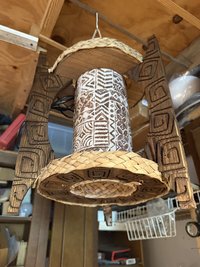 Three-Spired Tiki Pendant Lamp, Handmade Wood, Bamboo and Fabric