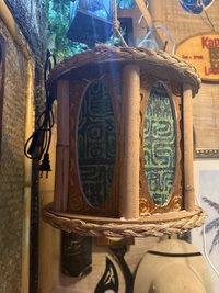 Hexagon Panel Tiki Pendant Lamp, Handmade Wood, Tapa-Style Fabric