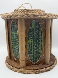 Hexagon Panel Tiki Pendant Lamp, Handmade Wood, Tapa-Style Fabric