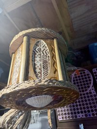 Hexagon Panel Tiki Pendant Lamp, Handmade Wood, Tapa-Style Fabric
