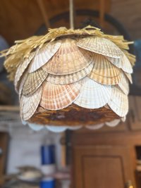 Oceanic Arts Tribute Tiki Pendant Lamp, Scallop Shells and Thatch Hat