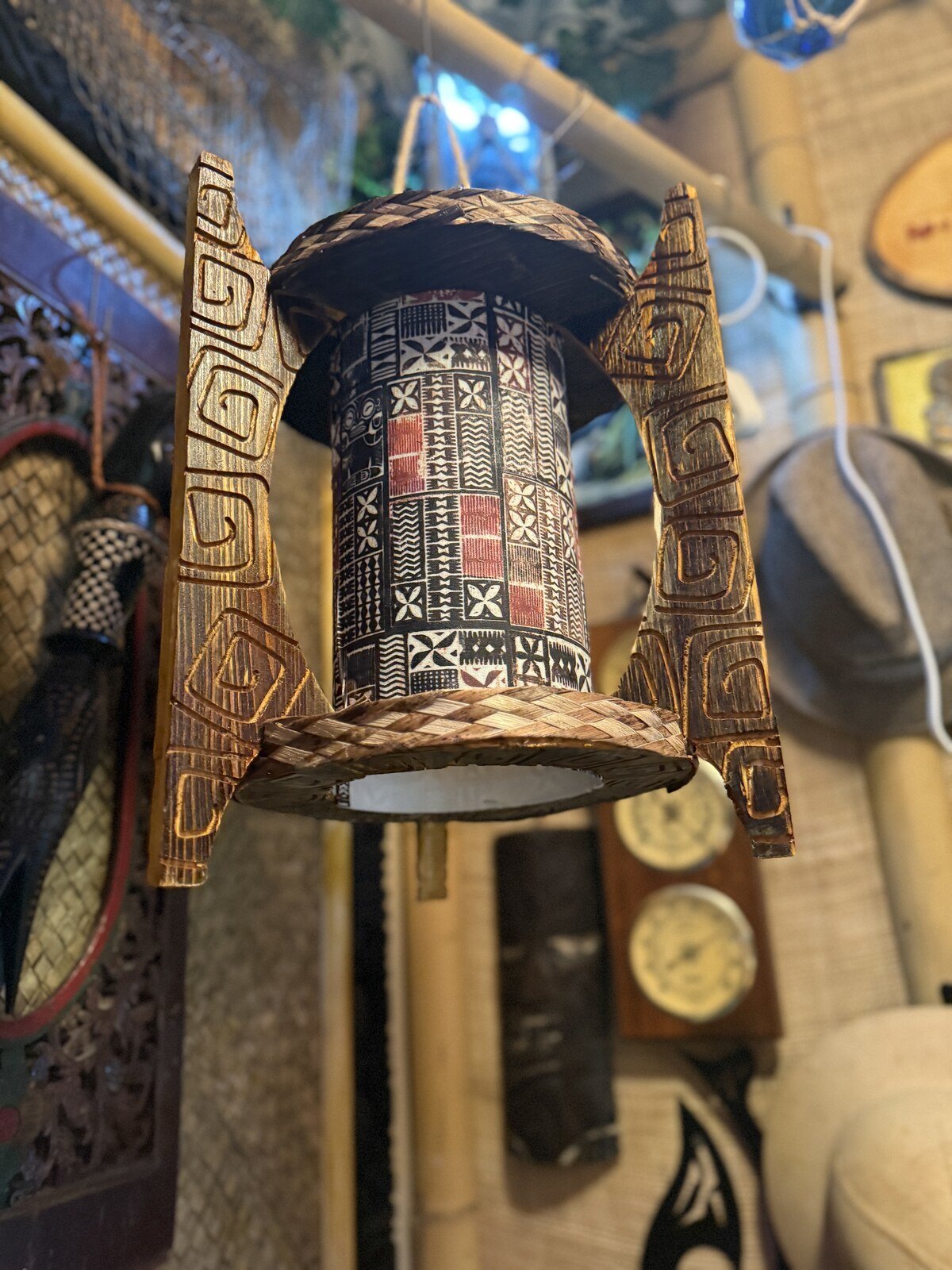 Three-Spired Tiki Pendant Lamp, Handmade Wood, Bamboo and Fabric