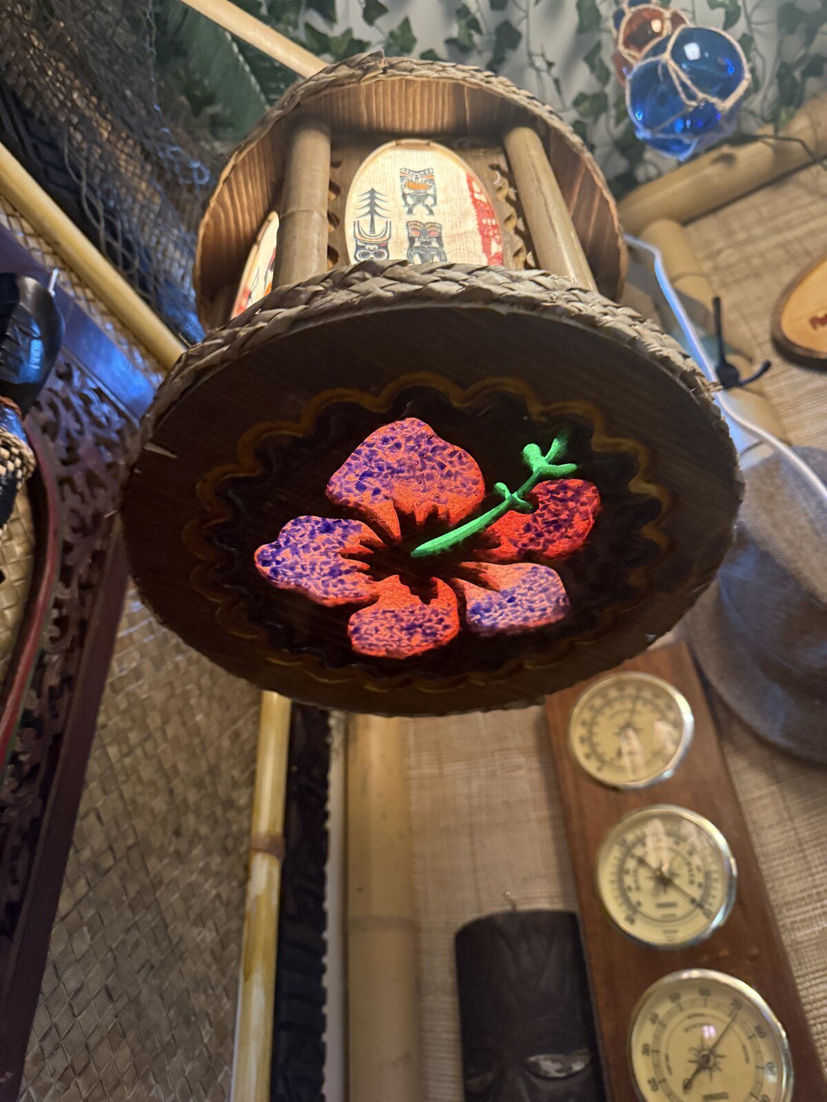 Hibiscus Tiki Pendant Lamp, Hand-Poured Resin, Sea Glass and Bamboo