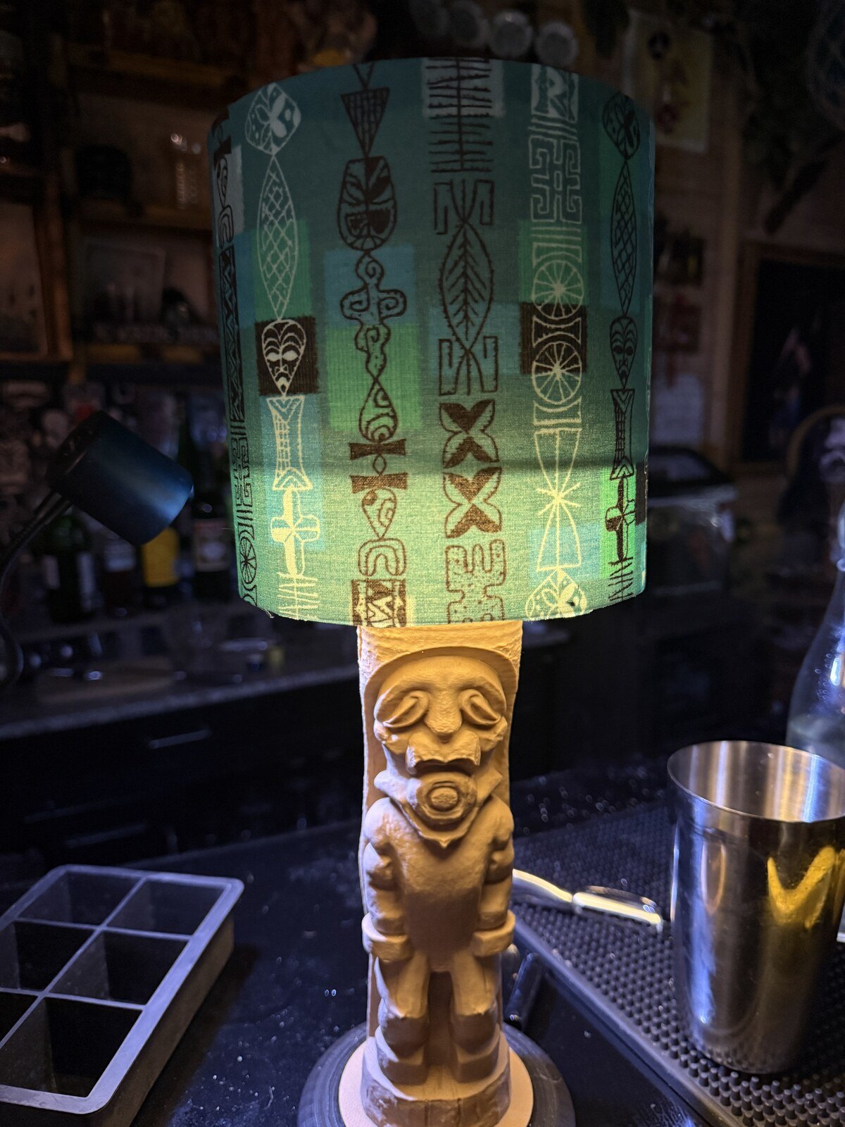 Cordless Tiki Bar Table Lamp, 3D Printed Faux Wood, Fabric Shade