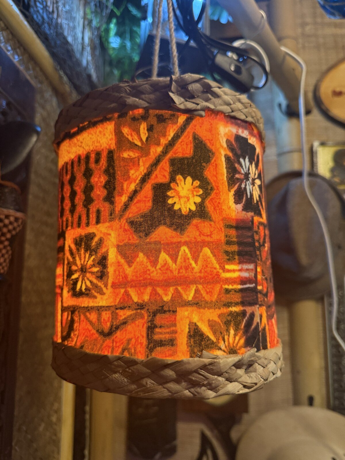 Mini Tiki Drum Pendant Lamp, Handmade Fabric Shade with Starfish