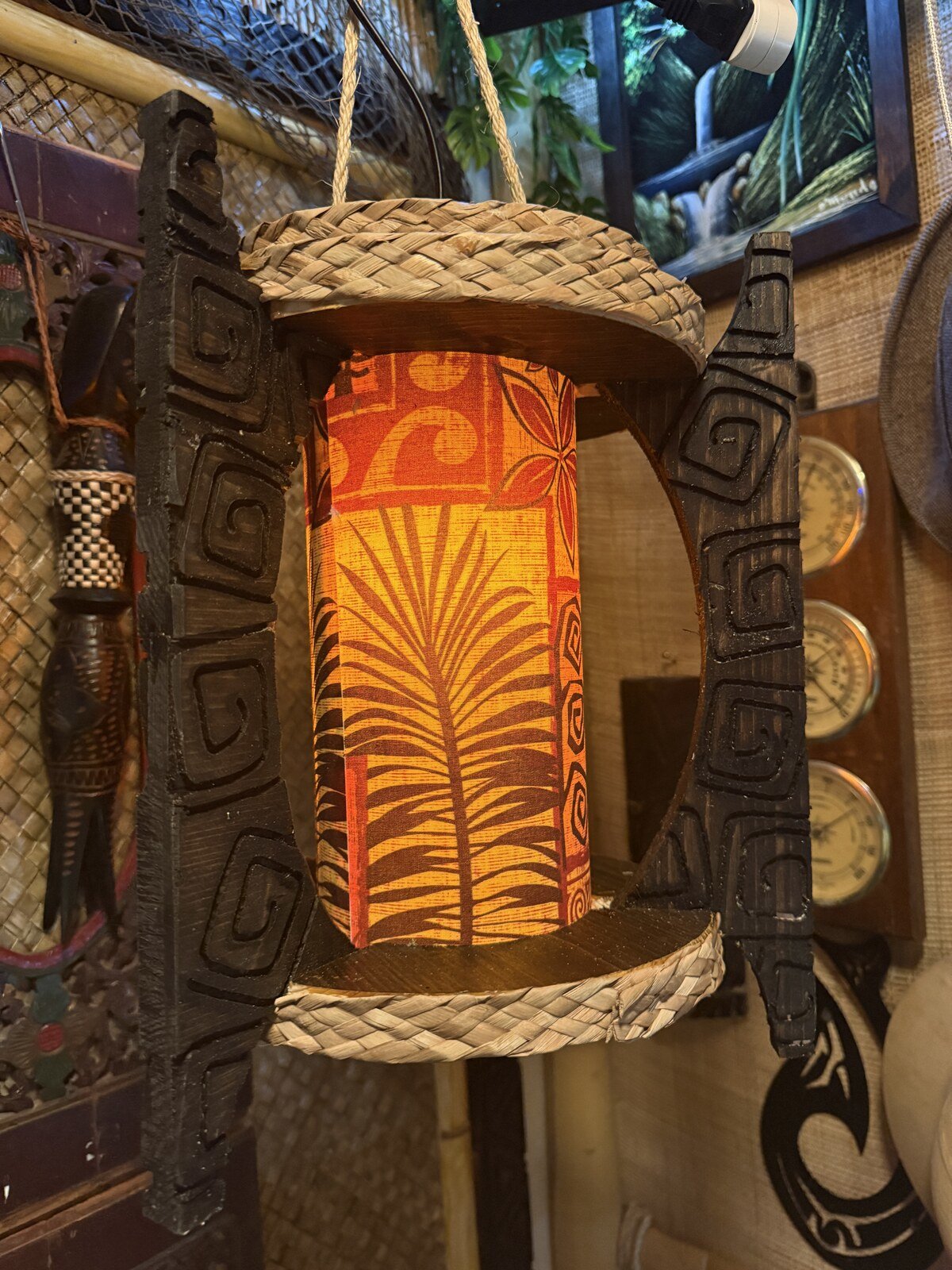 Three-Spired Tiki Pendant Lamp, Handmade Wood, Bamboo and Fabric
