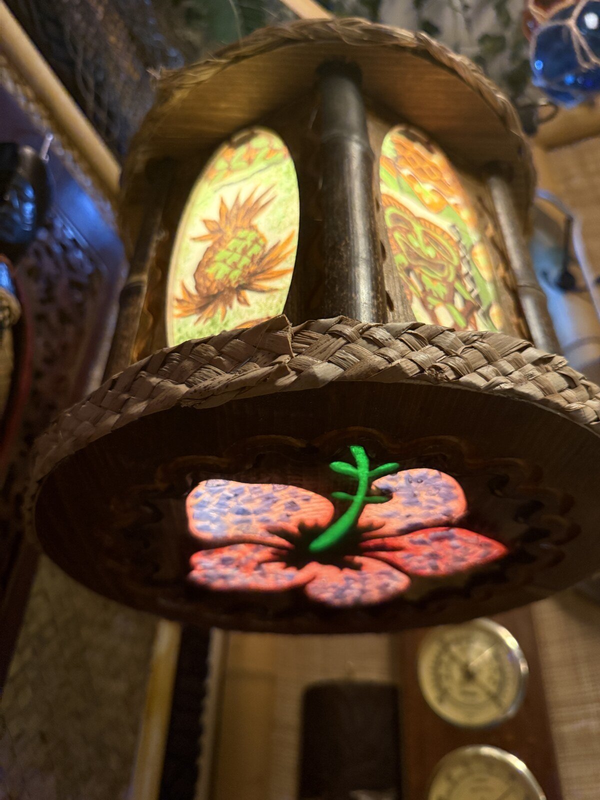 Hibiscus Tiki Pendant Lamp, Hand-Poured Resin, Sea Glass and Bamboo