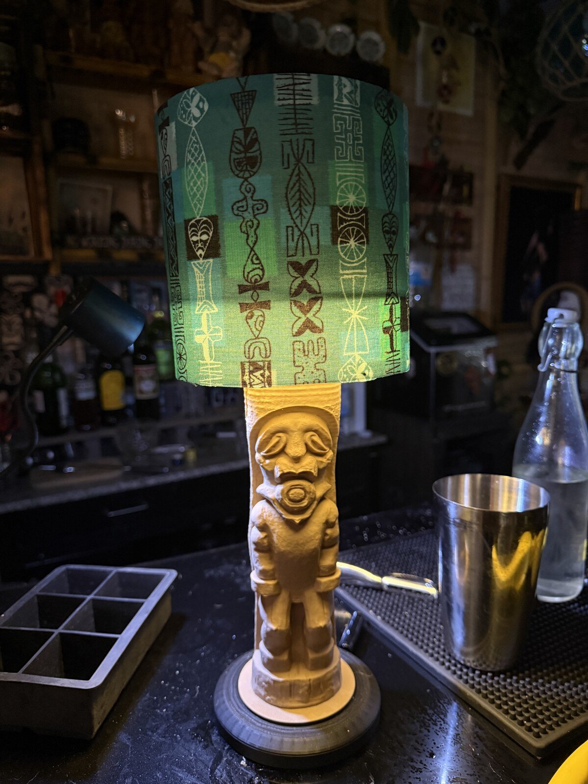 Cordless Tiki Bar Table Lamp, 3D Printed Faux Wood, Fabric Shade