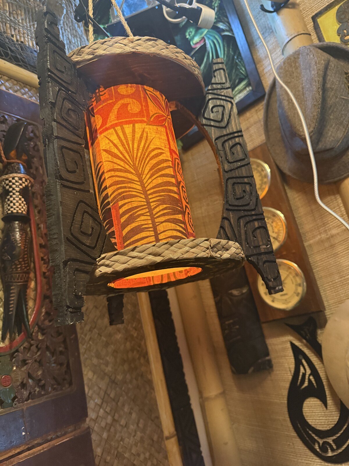 Three-Spired Tiki Pendant Lamp, Handmade Wood, Bamboo and Fabric
