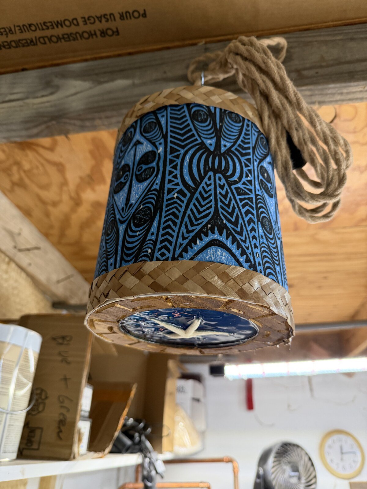Mini Tiki Drum Pendant Lamp, Handmade Fabric Shade with Starfish