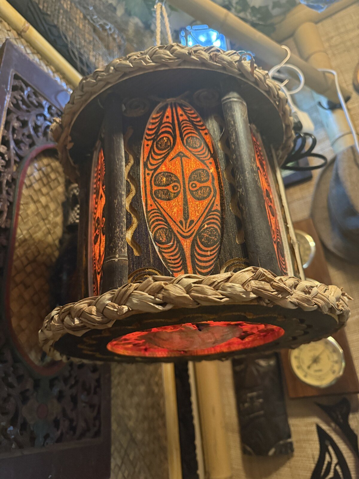 Hexagon Panel Tiki Pendant Lamp, Handmade Wood, Tapa-Style Fabric