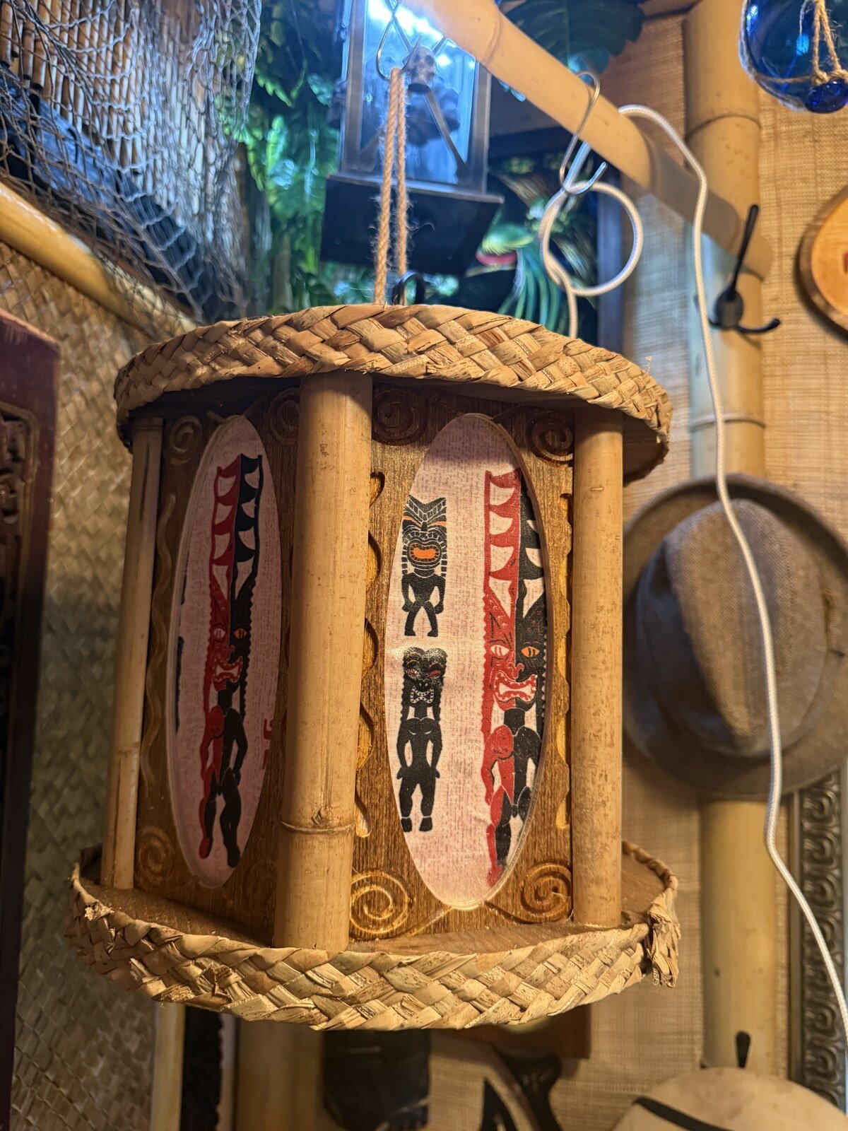 Bamboo Spike Tiki Pendant Lamp, Handmade Wood and Bamboo