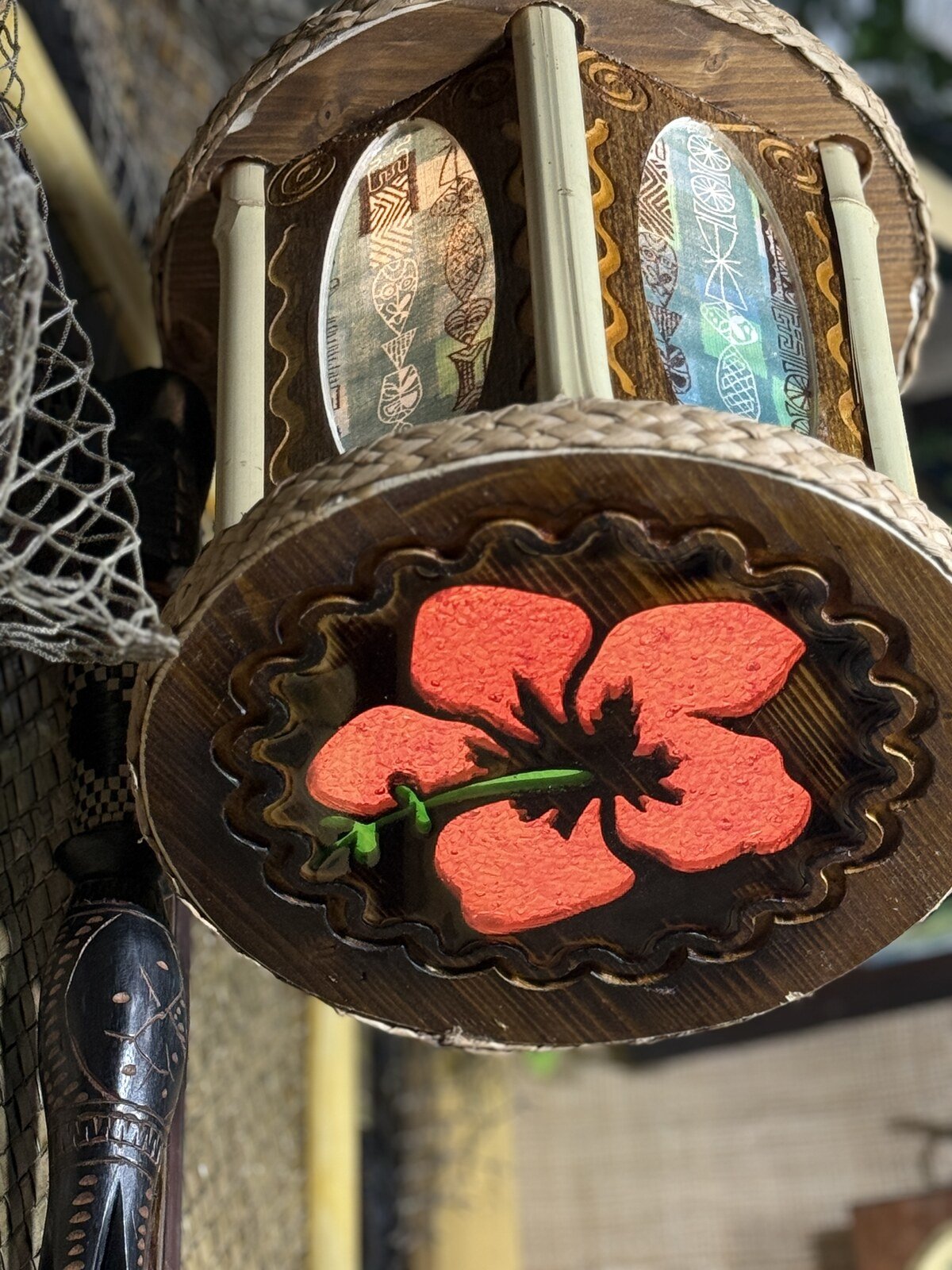 Hibiscus Tiki Pendant Lamp, Hand-Poured Resin, Sea Glass and Bamboo
