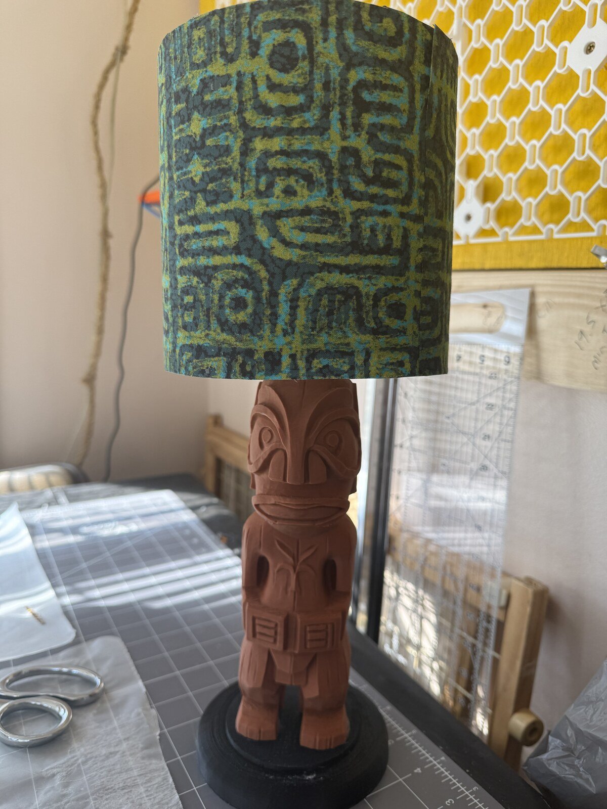 Cordless Tiki Bar Table Lamp, 3D Printed Faux Wood, Fabric Shade