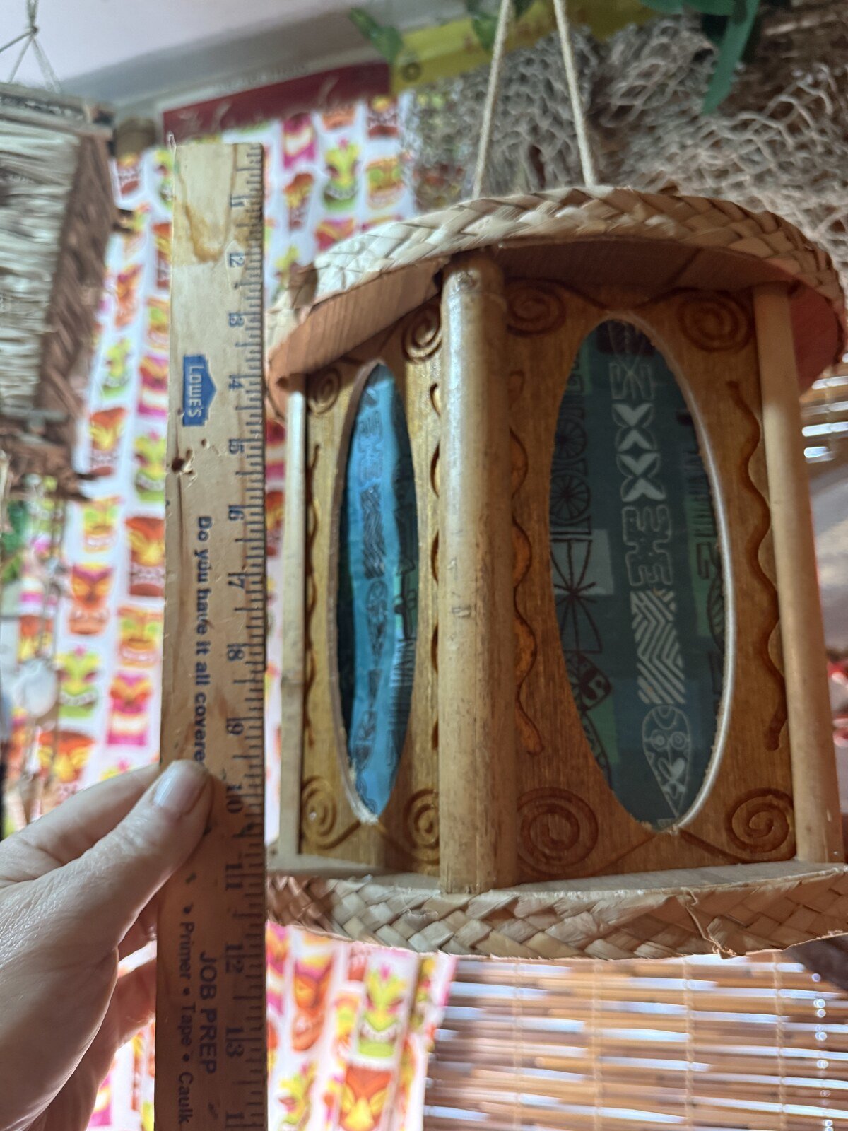Turtle Bottom Tiki Pendant Lamp, Carved Wood with Tapa-Style Fabric
