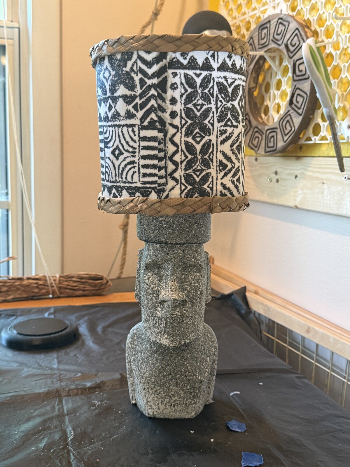 Moai Tiki Table Lamp with Pukao, Cordless Stone Finish