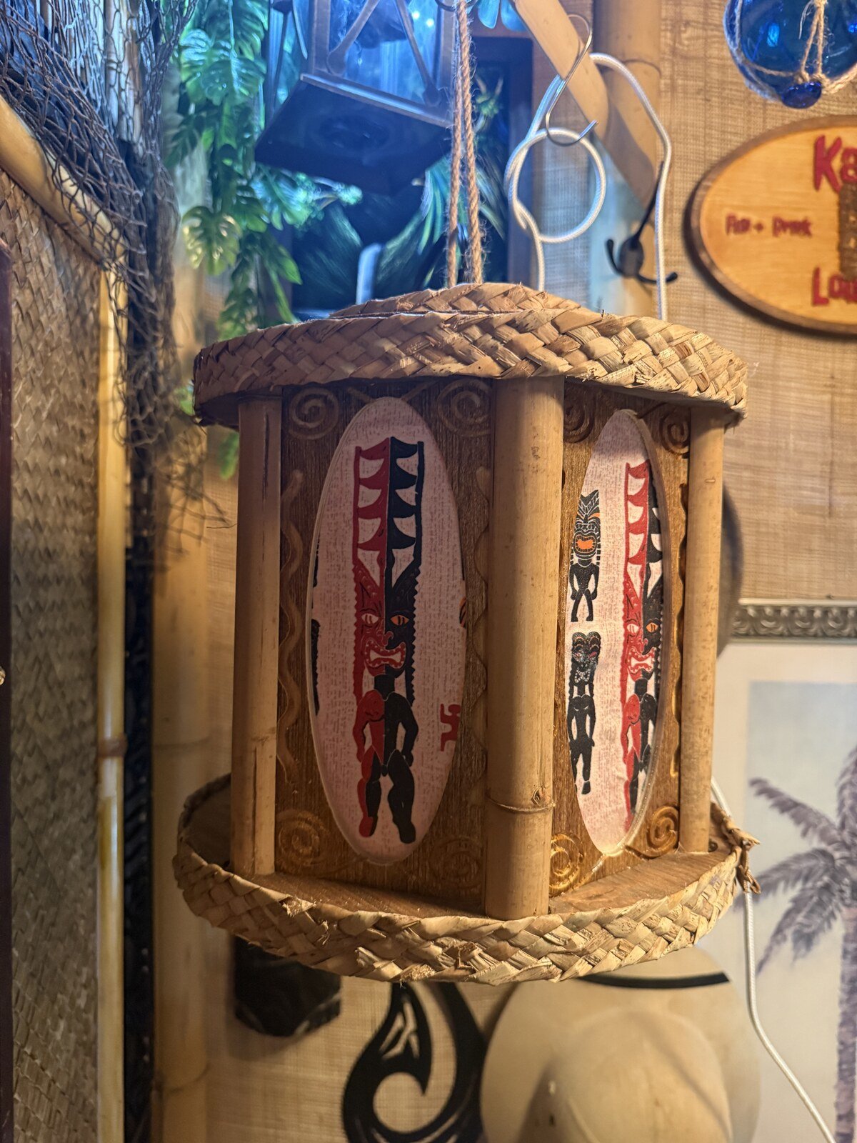 Hexagon Panel Tiki Pendant Lamp, Handmade Wood, Tapa-Style Fabric