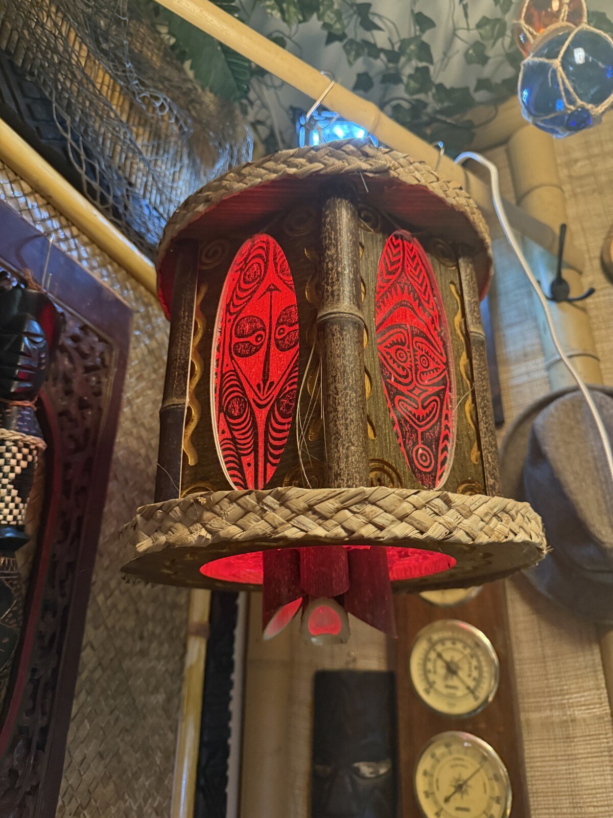 Bamboo Spike Tiki Pendant Lamp, Handmade Wood and Bamboo