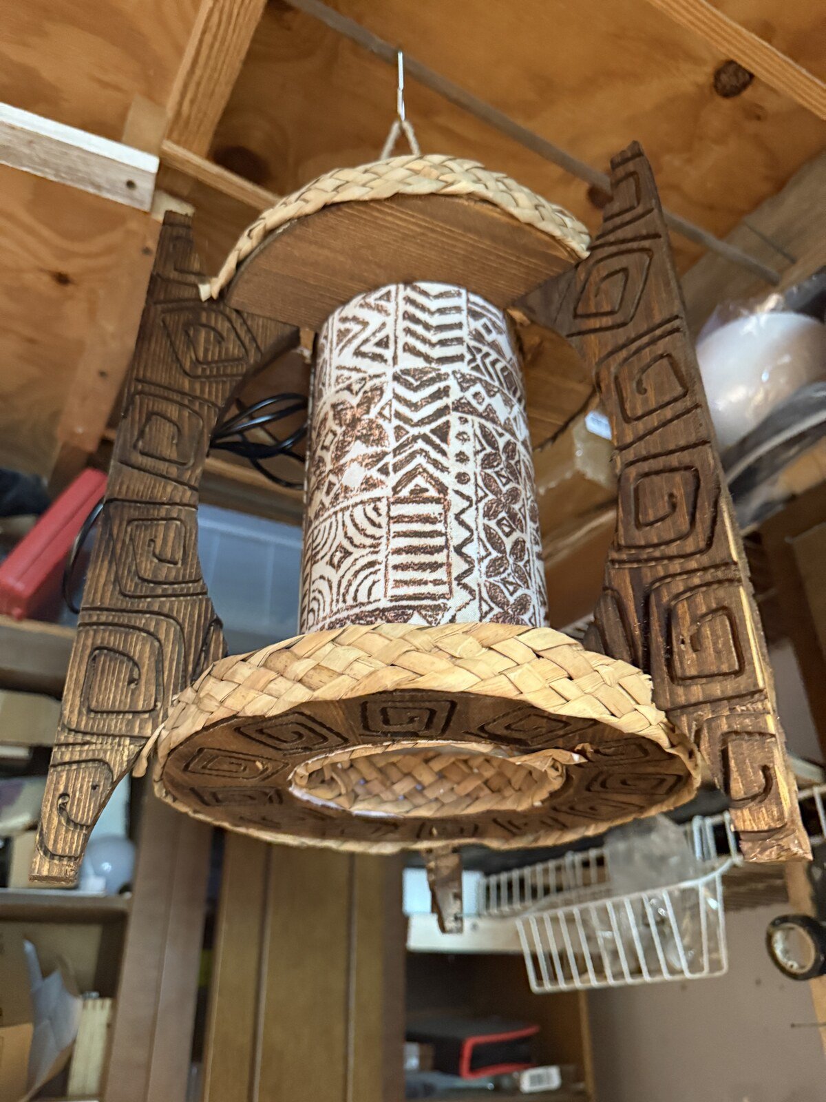 Three-Spired Tiki Pendant Lamp, Handmade Wood, Bamboo and Fabric