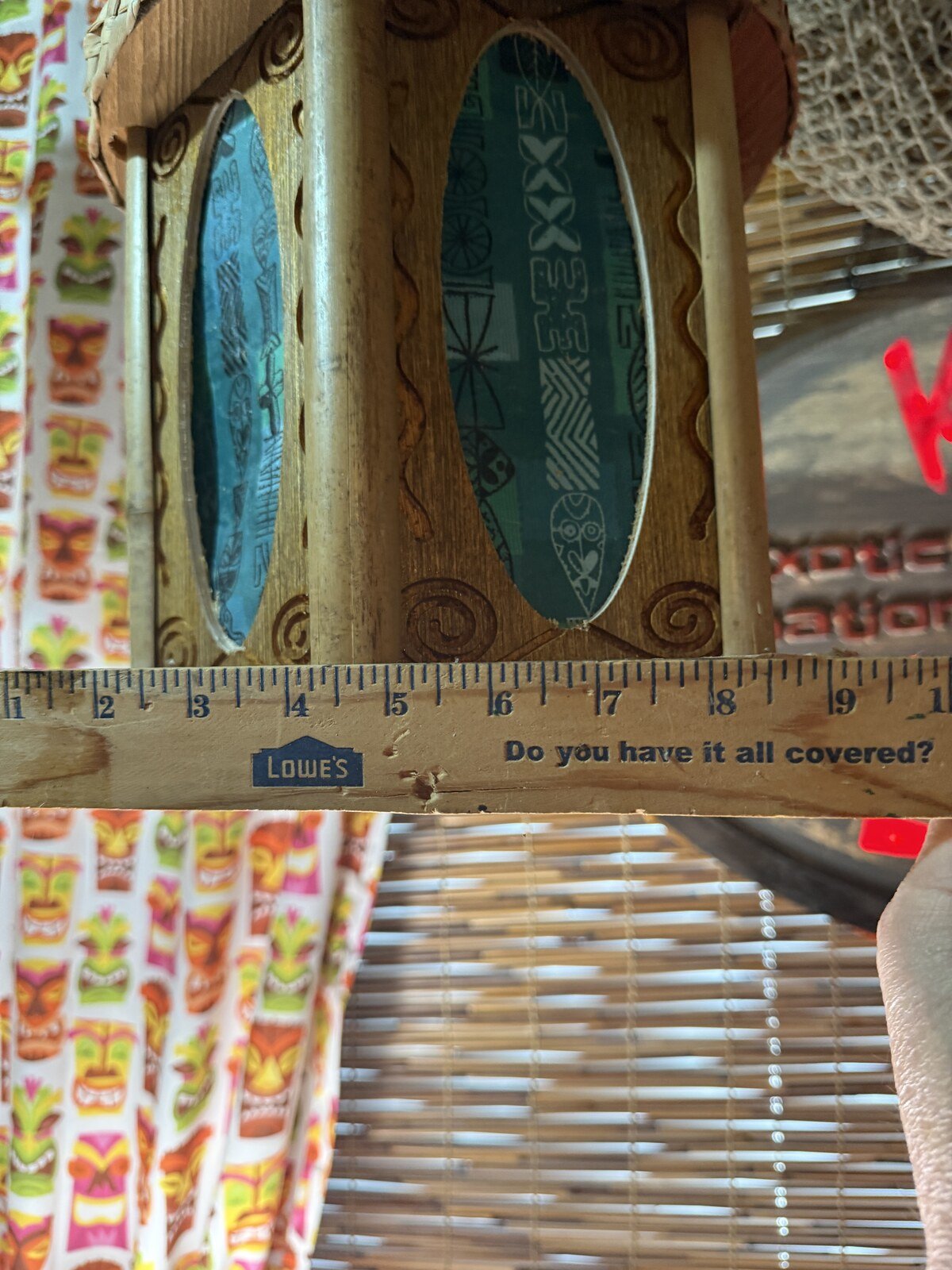 Turtle Bottom Tiki Pendant Lamp, Carved Wood with Tapa-Style Fabric