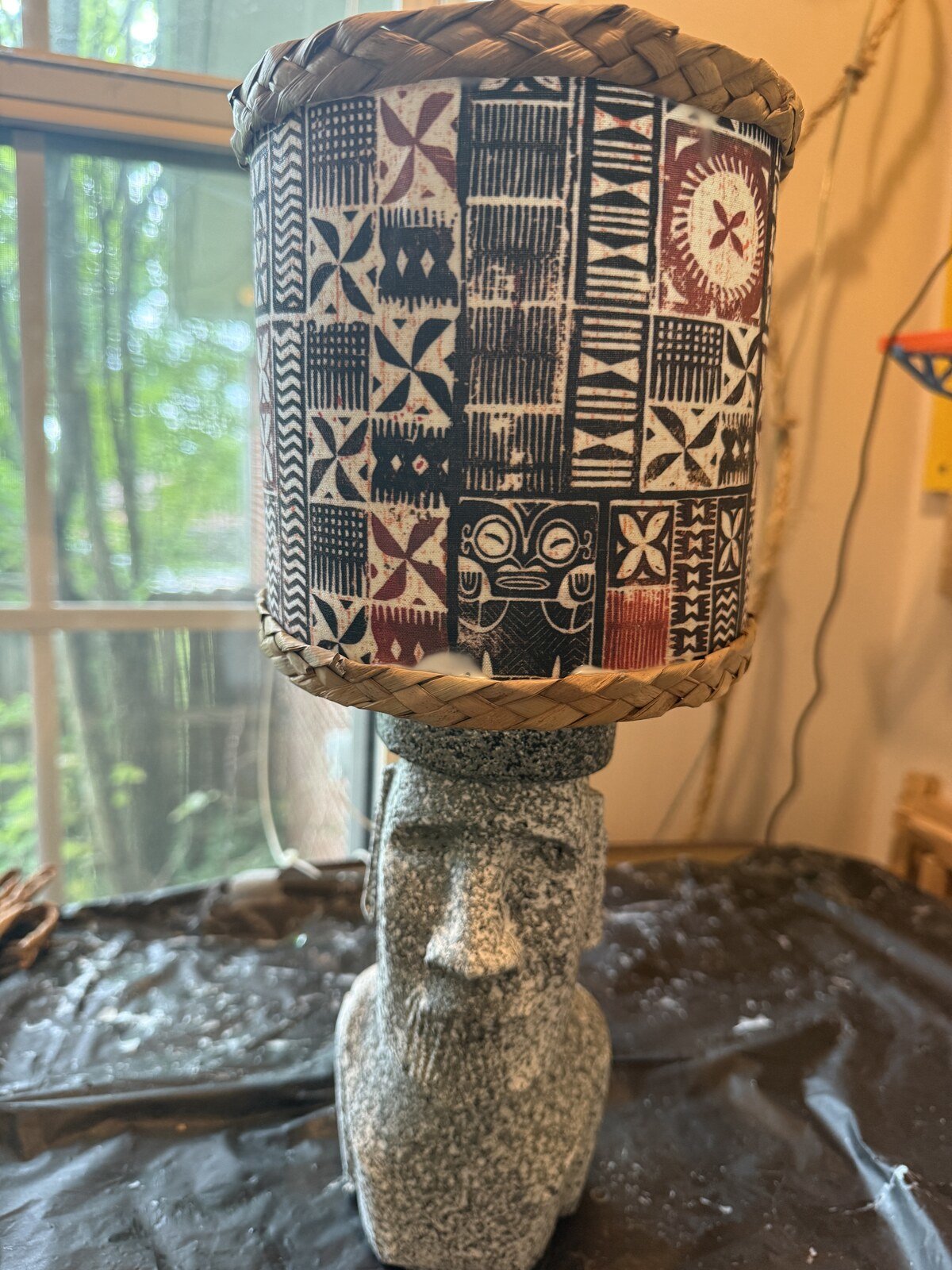 Moai Tiki Table Lamp with Pukao, Cordless Stone Finish