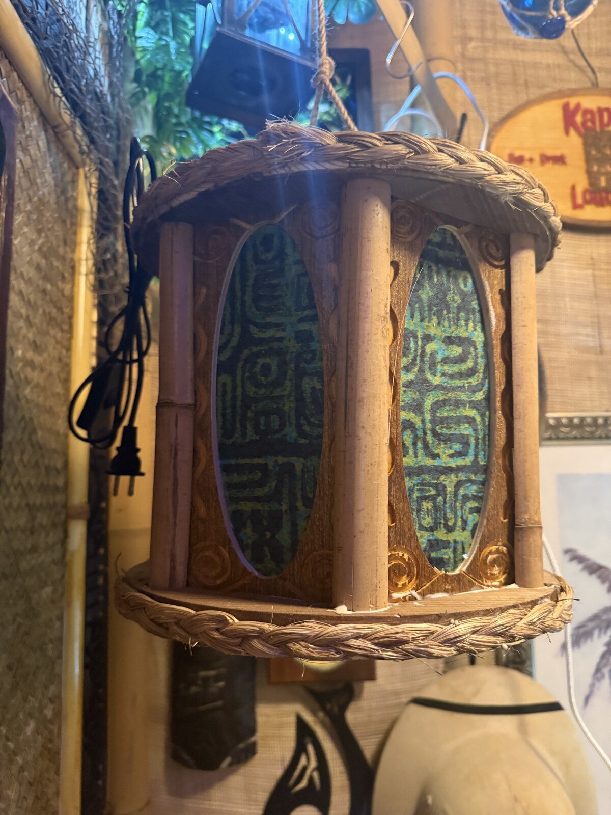Hexagon Panel Tiki Pendant Lamp, Handmade Wood, Tapa-Style Fabric