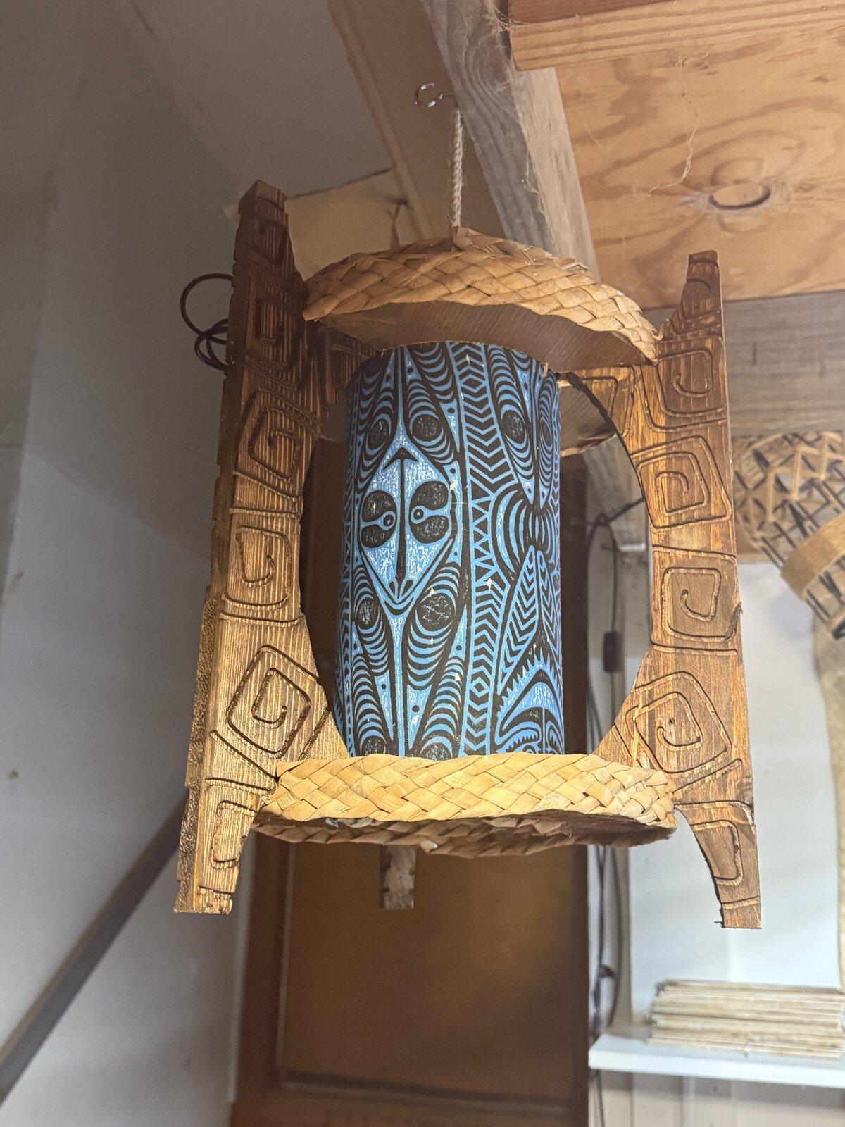 Three-Spired Tiki Pendant Lamp, Handmade Wood, Bamboo and Fabric