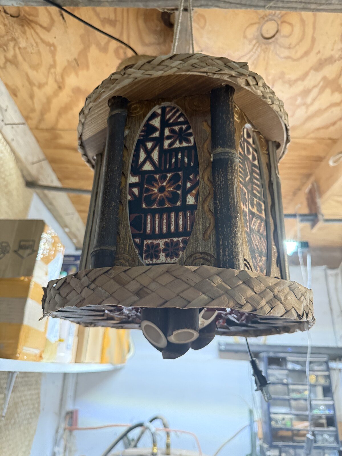 Bamboo Spike Tiki Pendant Lamp, Handmade Wood and Bamboo
