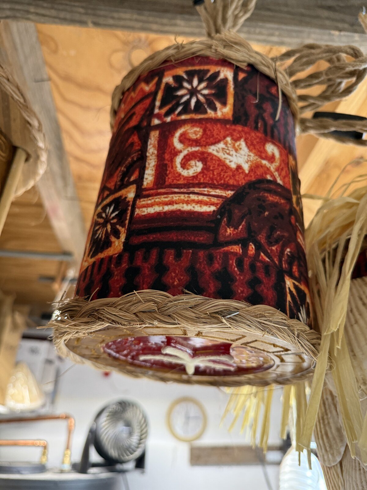 Mini Tiki Drum Pendant Lamp, Handmade Fabric Shade with Starfish