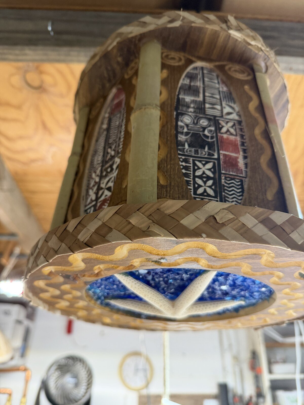 Hexagon Panel Tiki Pendant Lamp, Handmade Wood, Tapa-Style Fabric