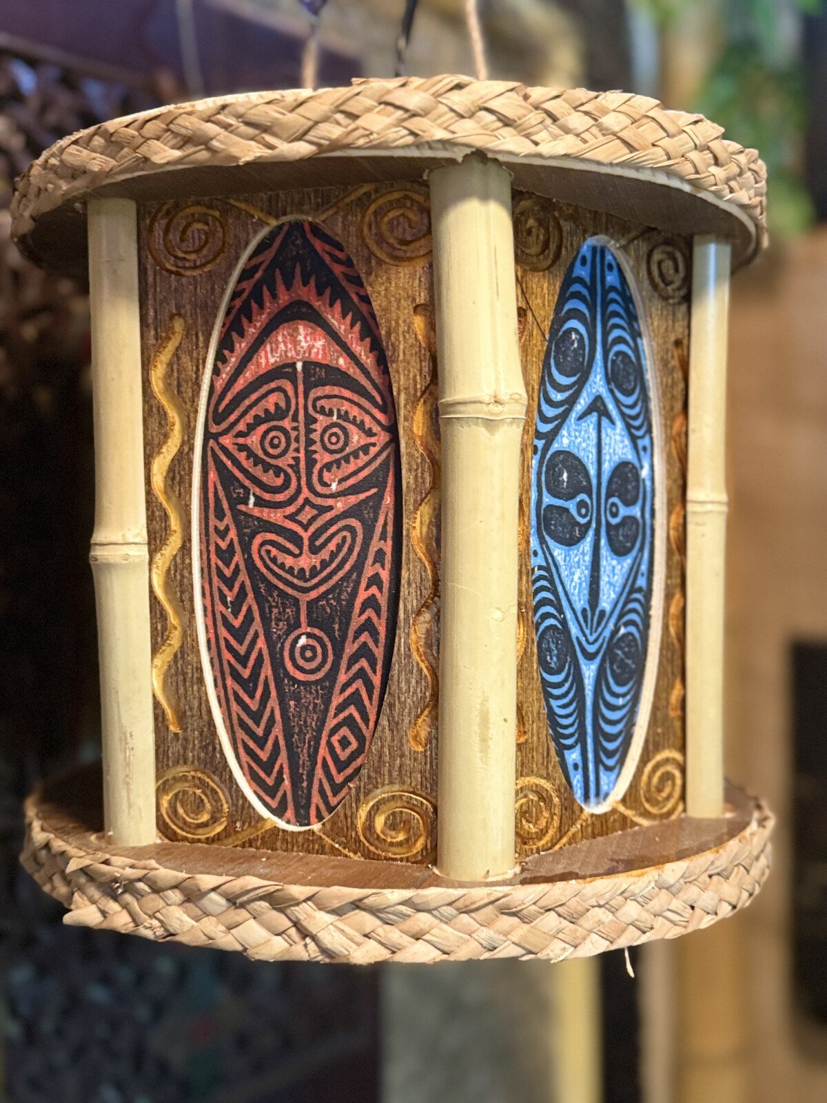 Bamboo Spike Tiki Pendant Lamp, Handmade Wood and Bamboo