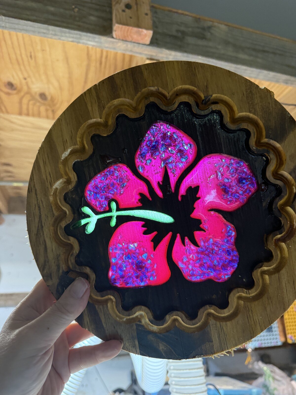 Hibiscus Tiki Pendant Lamp, Hand-Poured Resin, Sea Glass and Bamboo