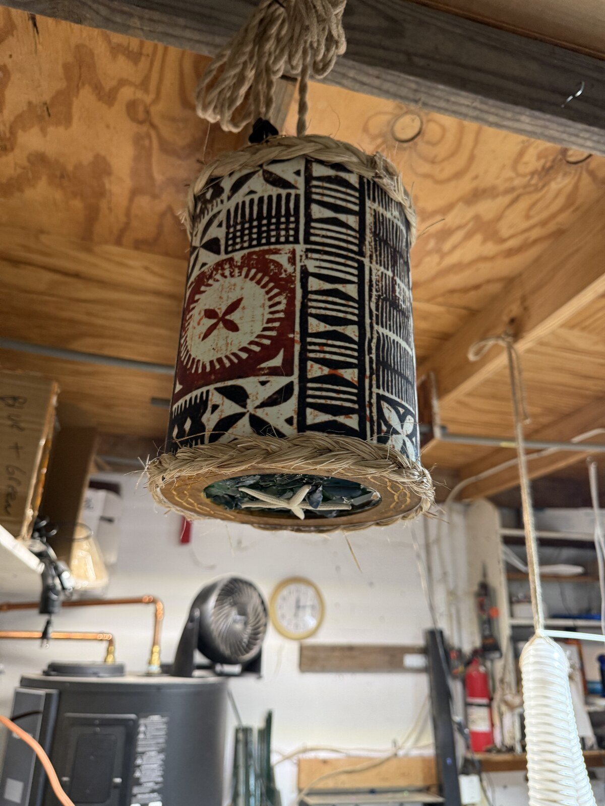 Mini Tiki Drum Pendant Lamp, Handmade Fabric Shade with Starfish