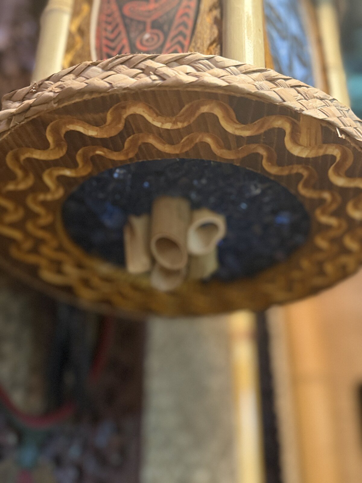 Bamboo Spike Tiki Pendant Lamp, Handmade Wood and Bamboo