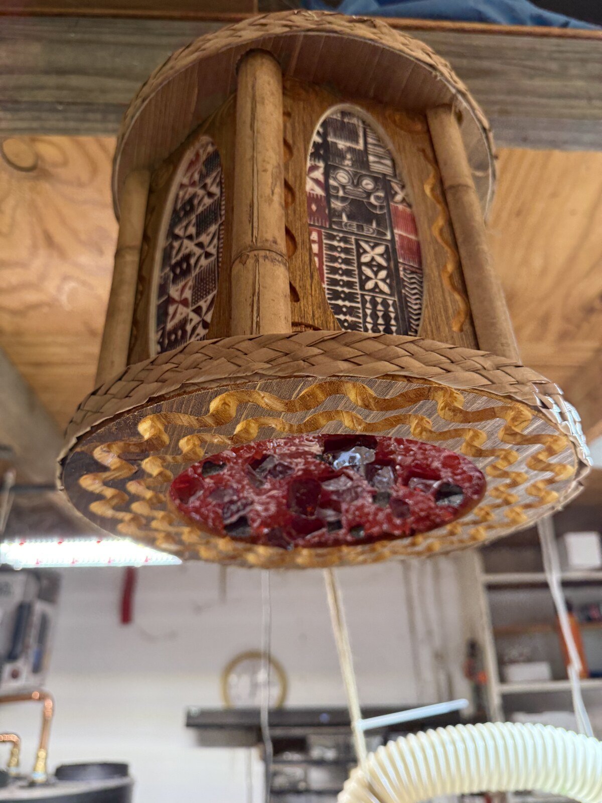 Hexagon Panel Tiki Pendant Lamp, Handmade Wood, Tapa-Style Fabric