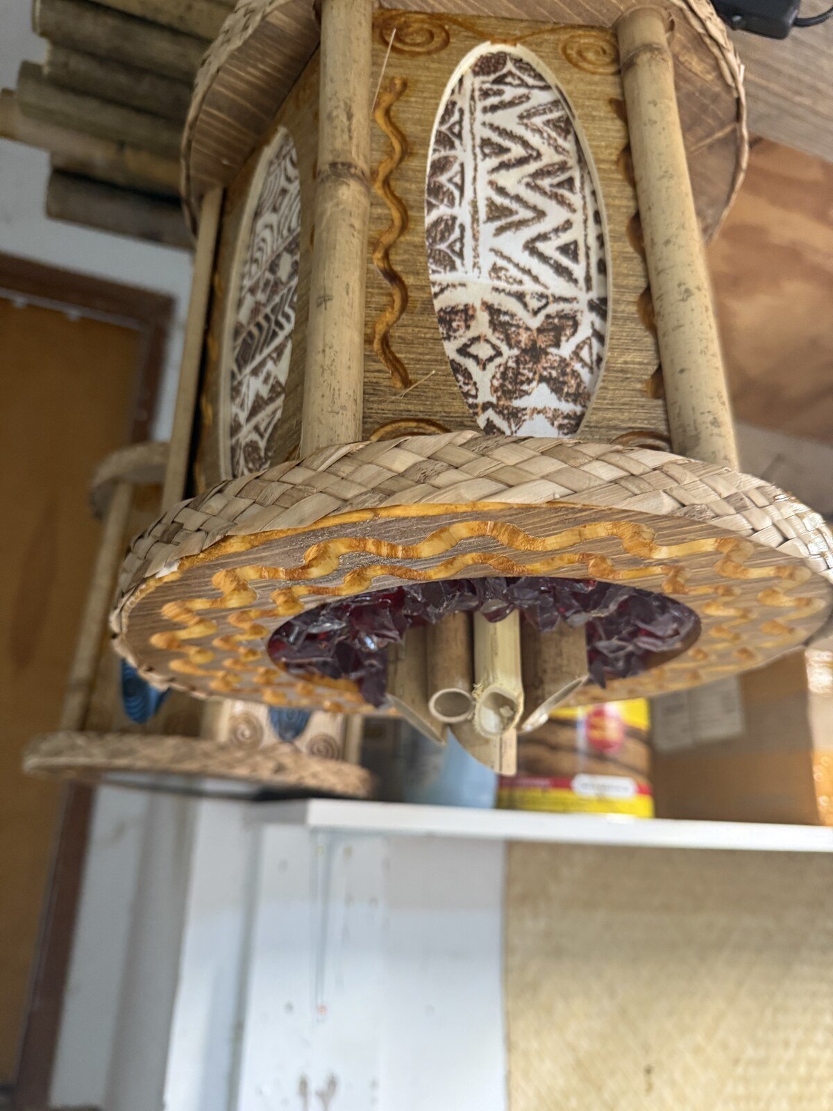 Bamboo Spike Tiki Pendant Lamp, Handmade Wood and Bamboo