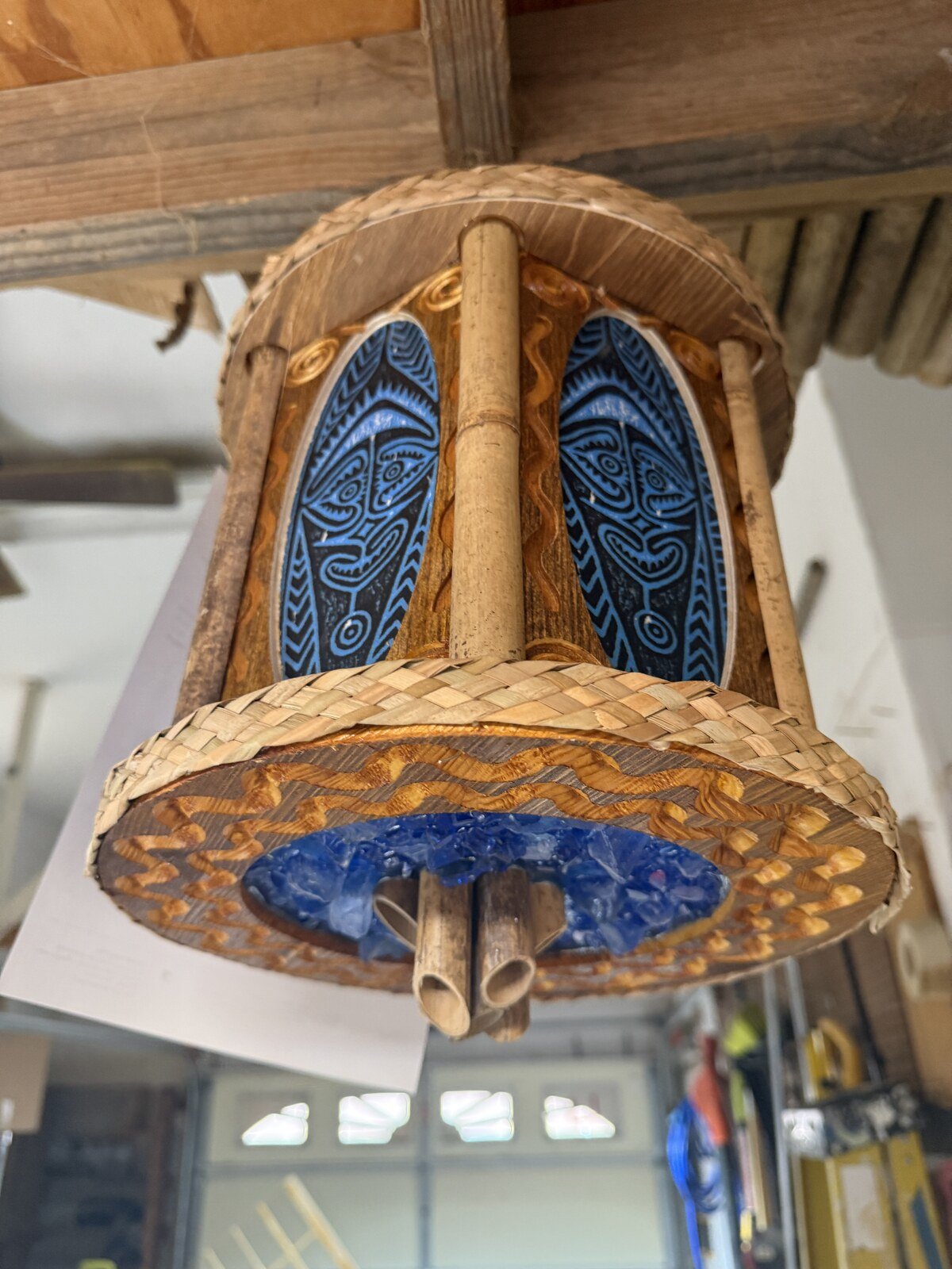Bamboo Spike Tiki Pendant Lamp, Handmade Wood and Bamboo
