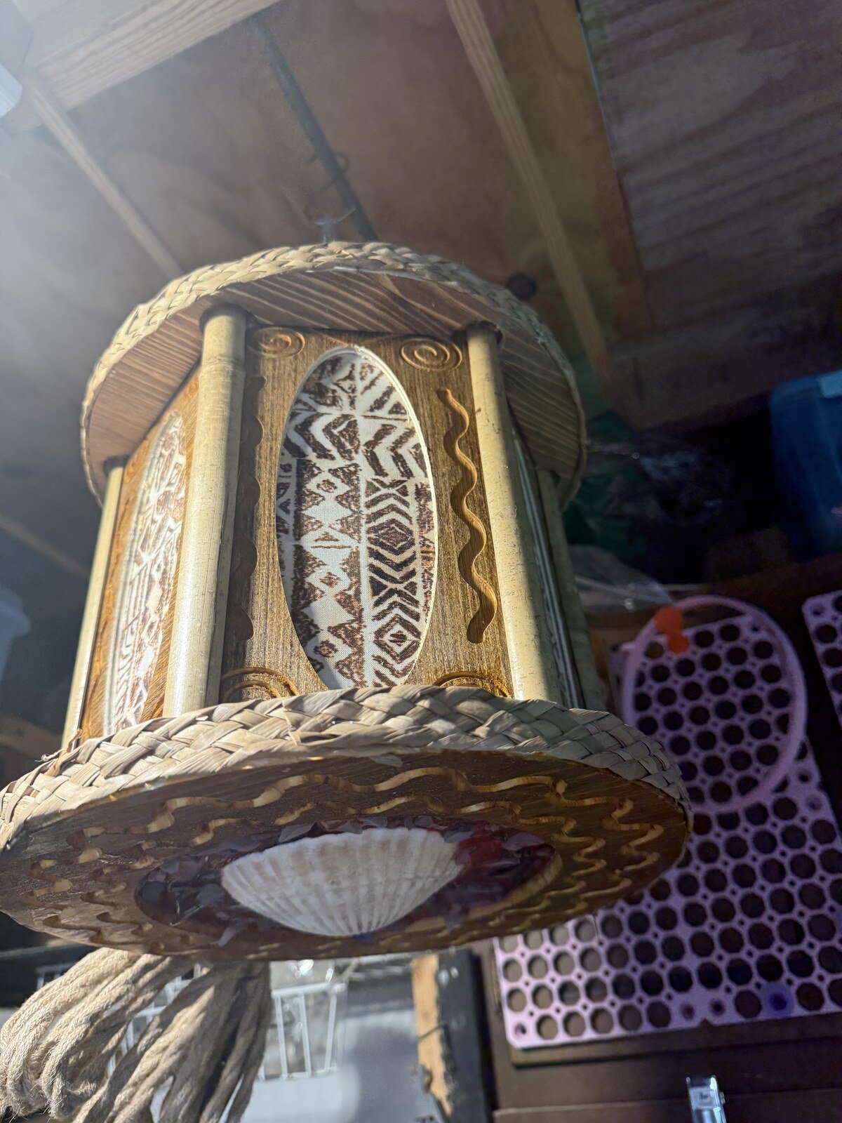 Hexagon Panel Tiki Pendant Lamp, Handmade Wood, Tapa-Style Fabric
