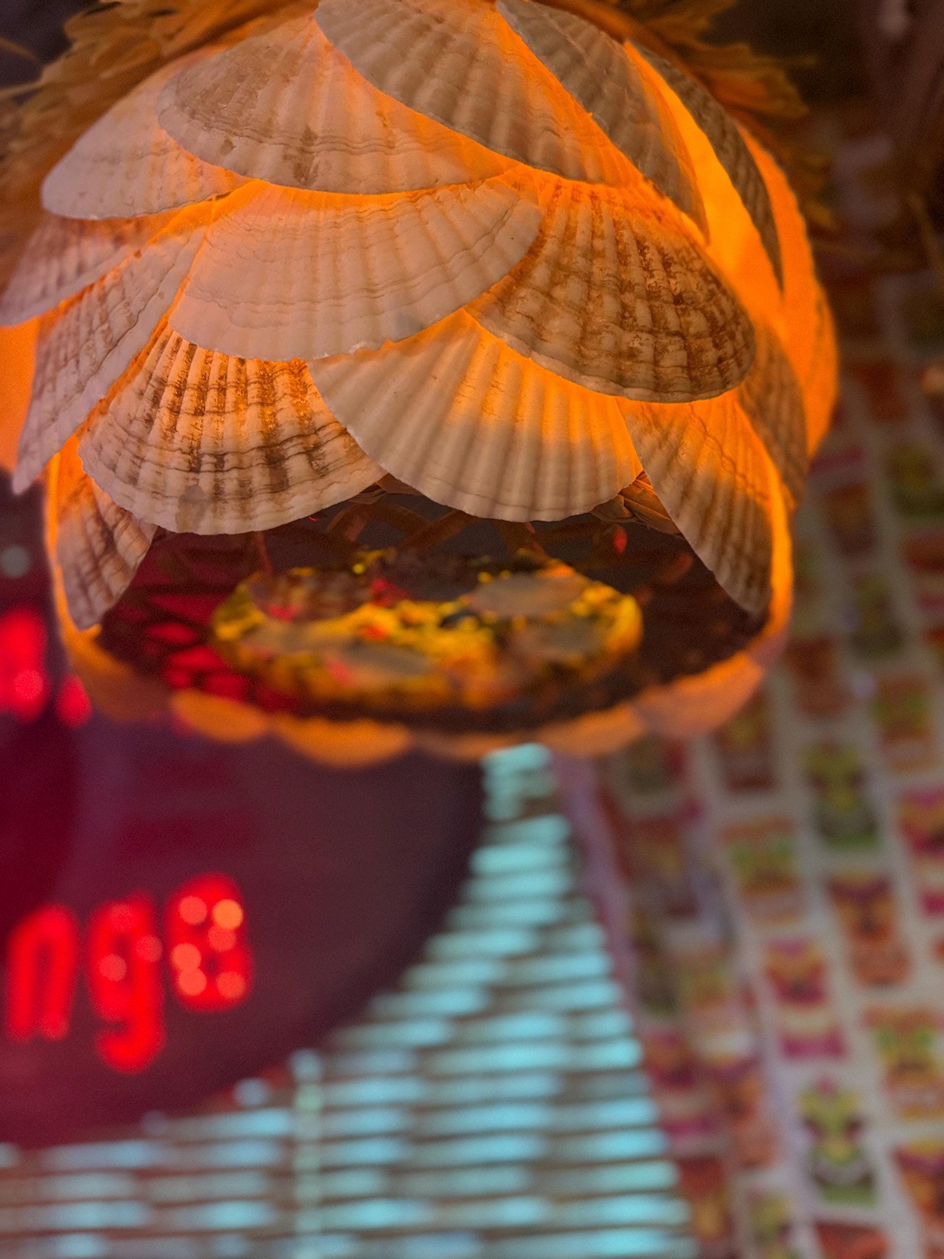 Oceanic Arts Tribute Tiki Pendant Lamp, Scallop Shells and Thatch Hat