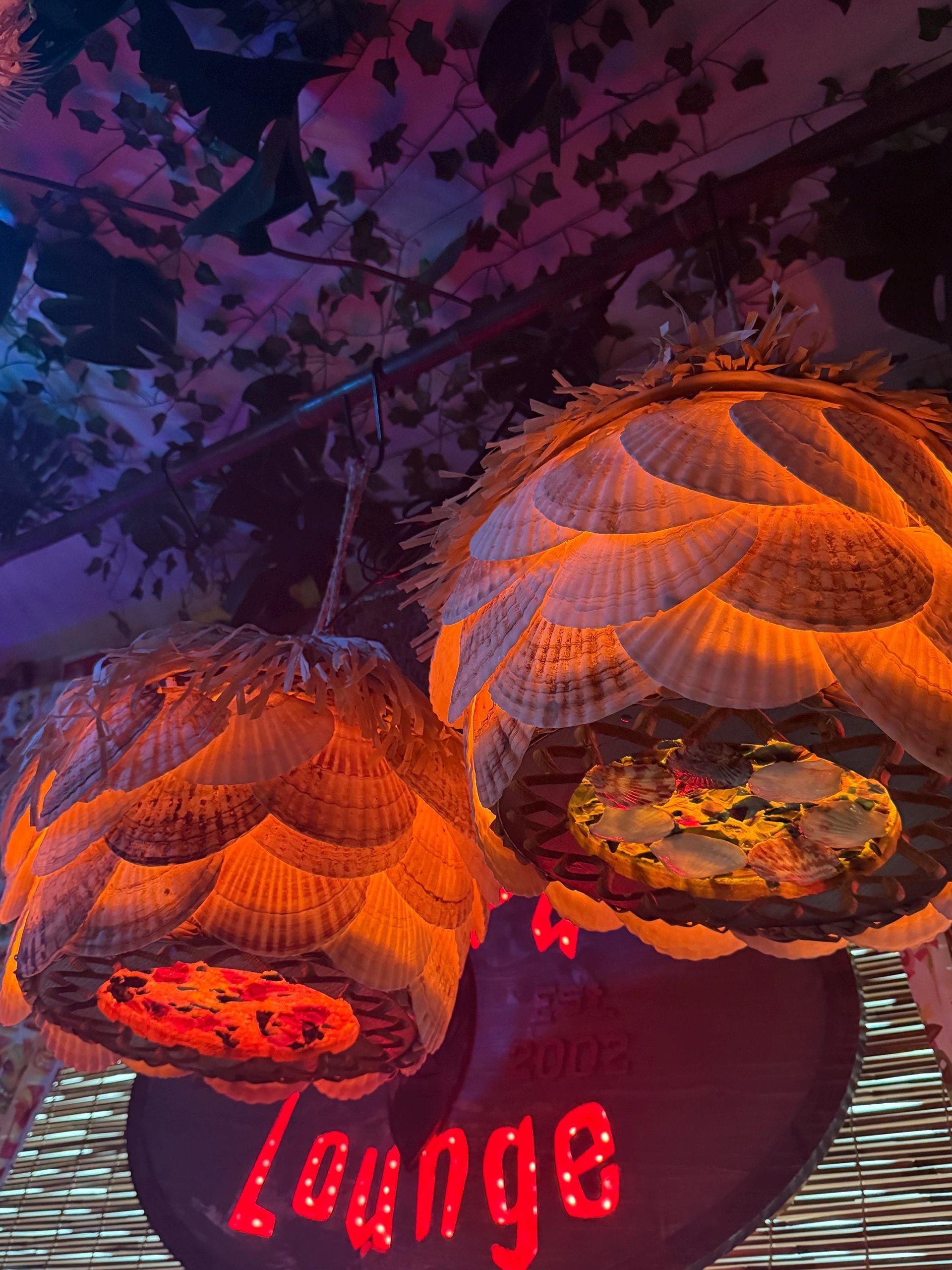Oceanic Arts Tribute Tiki Pendant Lamp, Scallop Shells and Thatch Hat