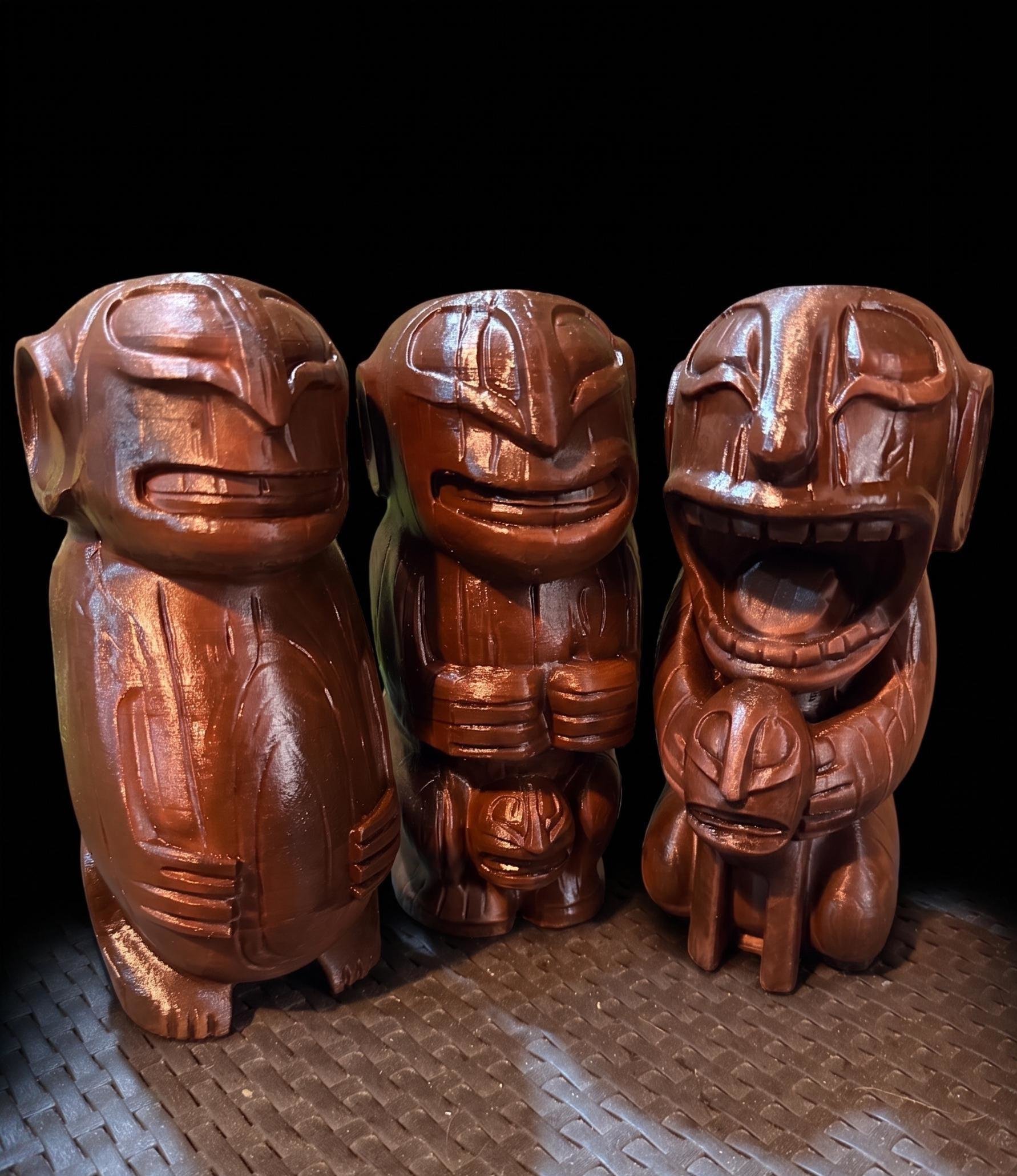 Cannibal Trio Tiki Statues, Set of 3, 3D Printed in Wood Filament