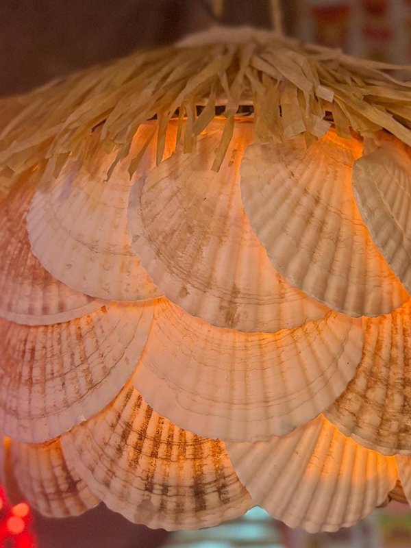 Oceanic Arts Tribute Tiki Pendant Lamp, Scallop Shells and Thatch Hat